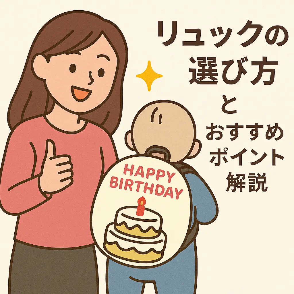 1歳の誕生日にぴったりな「HAPPY BIRTHDAY」リュックを背負う赤ちゃんと、それを見守る母親が描かれたイラスト。リュック選びのポイントを解説する内容を伝えるビジュアル