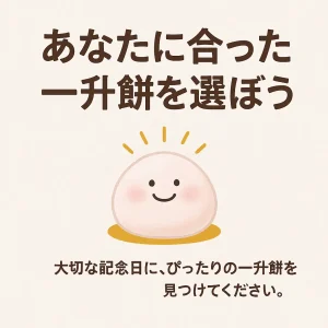 笑顔の一升餅イラストと「あなたに合った一升餅を選ぼう」というメッセージが描かれた締めくくり用の画像