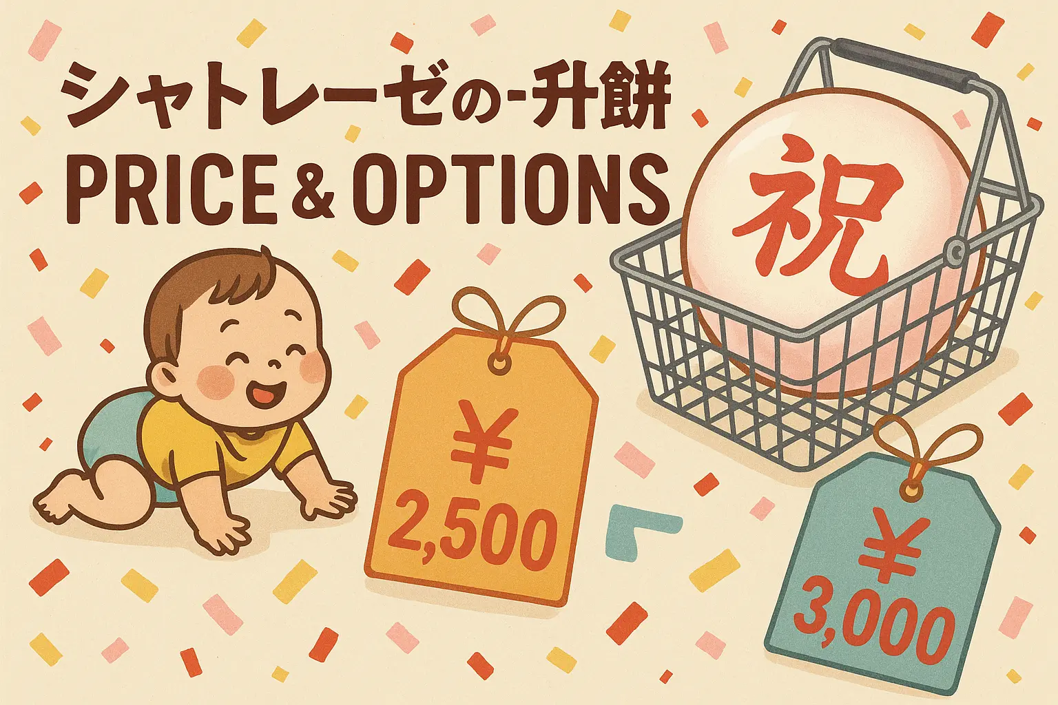 赤ちゃんと祝い用の一升餅、価格タグ（2500円・3000円）を描いた、シャトレーゼの一升餅の価格と選択肢を紹介するイラスト画像