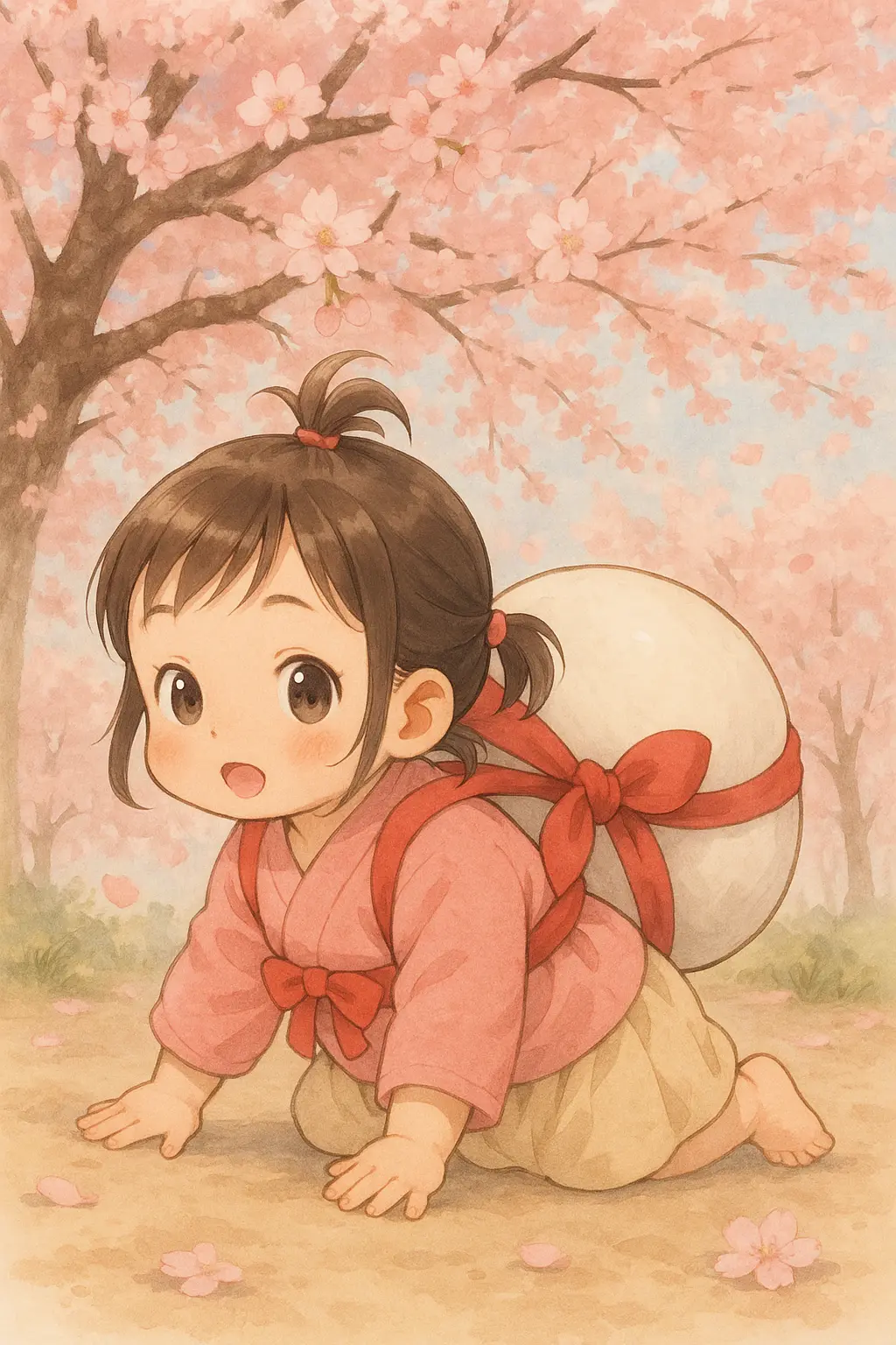 満開の桜の下で、一升餅を背負ってハイハイしているかわいらしい女の子のイラスト