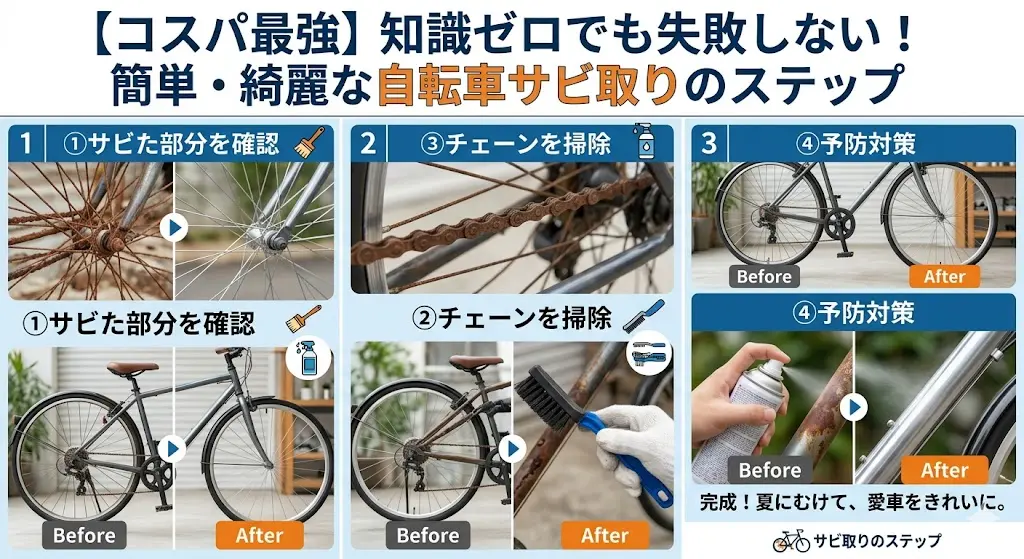 自転車のサビ取り手順を図解した画像