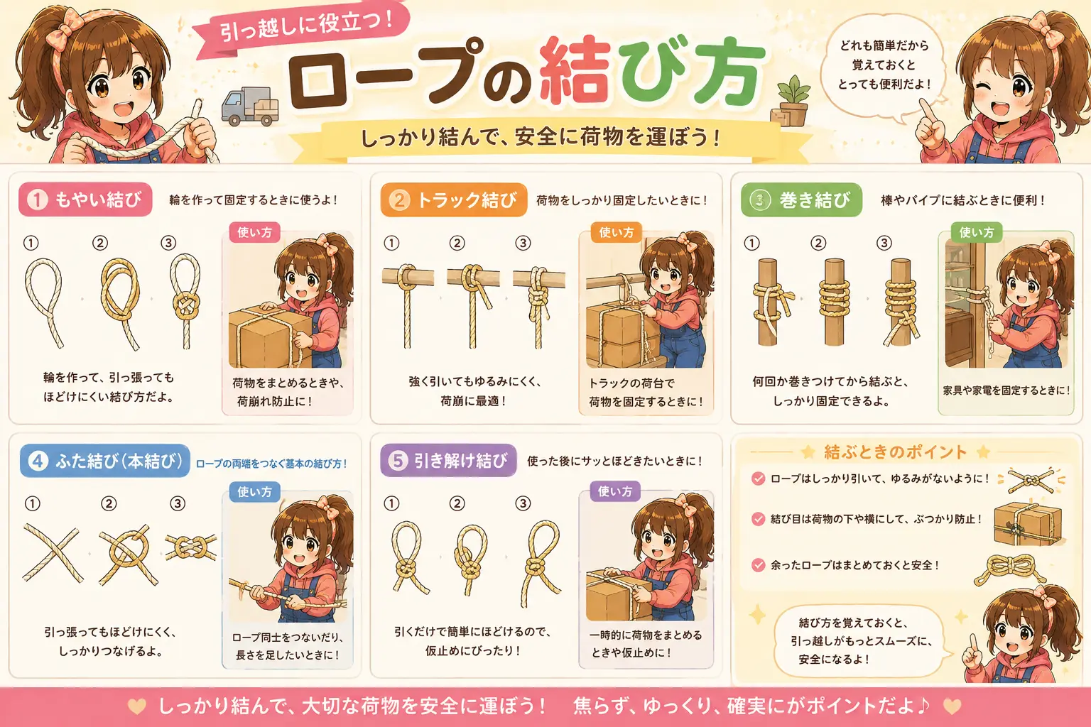 こはるが引っ越しで役立つロープの結び方をわかりやすく紹介しているイラスト