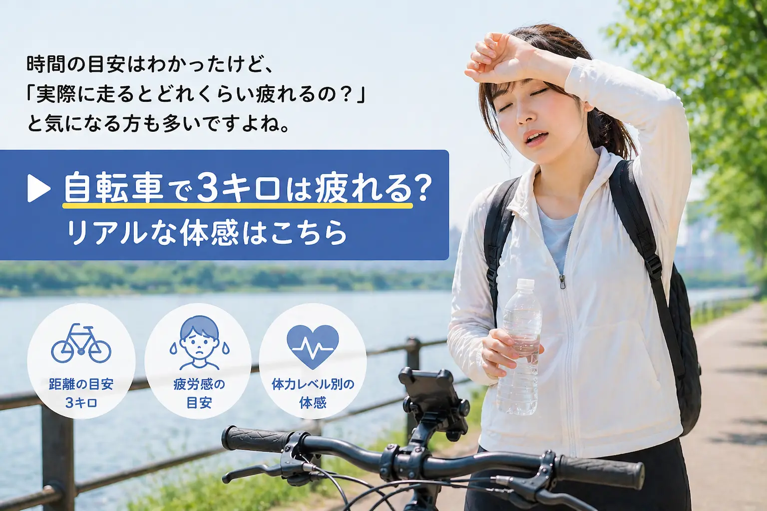 自転車で3キロ走行後に疲れを感じて休憩している女性の様子