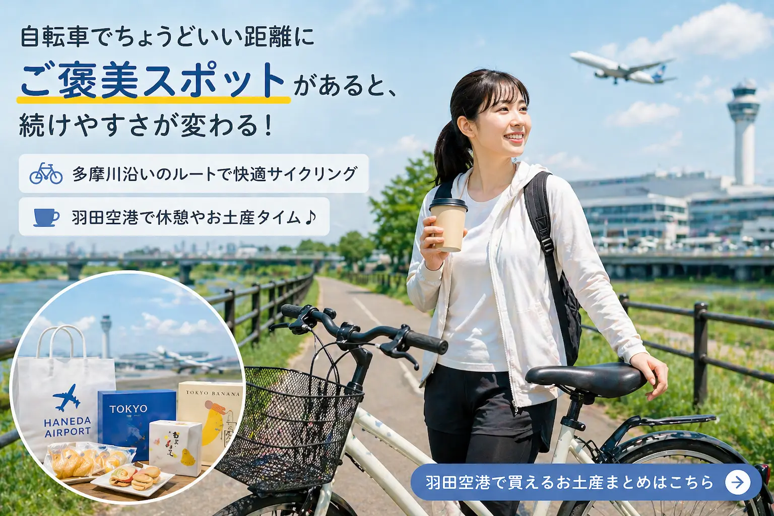 サイクリング途中に空港周辺で休憩しながらお土産を見る女性の様子