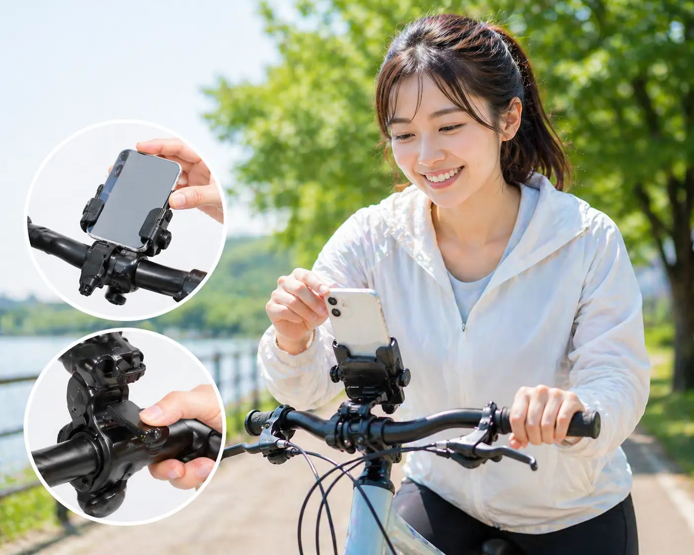 自転車のスマホホルダーを使い片手で着脱操作している女性のイメージ