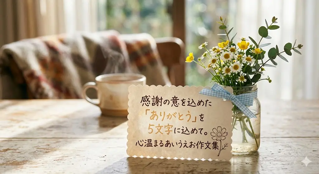 「感謝の意を込めた『ありがとう』を5文字に込めて。心温まるあいうえお作文集」と手書きされたカードが、花瓶の隣に置かれている様子