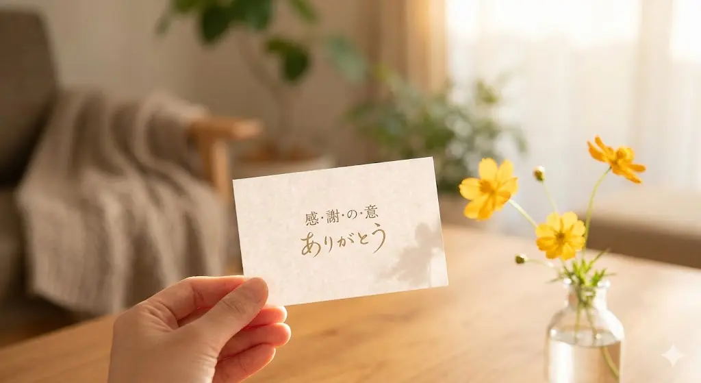 温かみのある光が差し込むリビングで、手のひらに載せられた「感謝の意」と「ありがとう」と手書きされたカード。