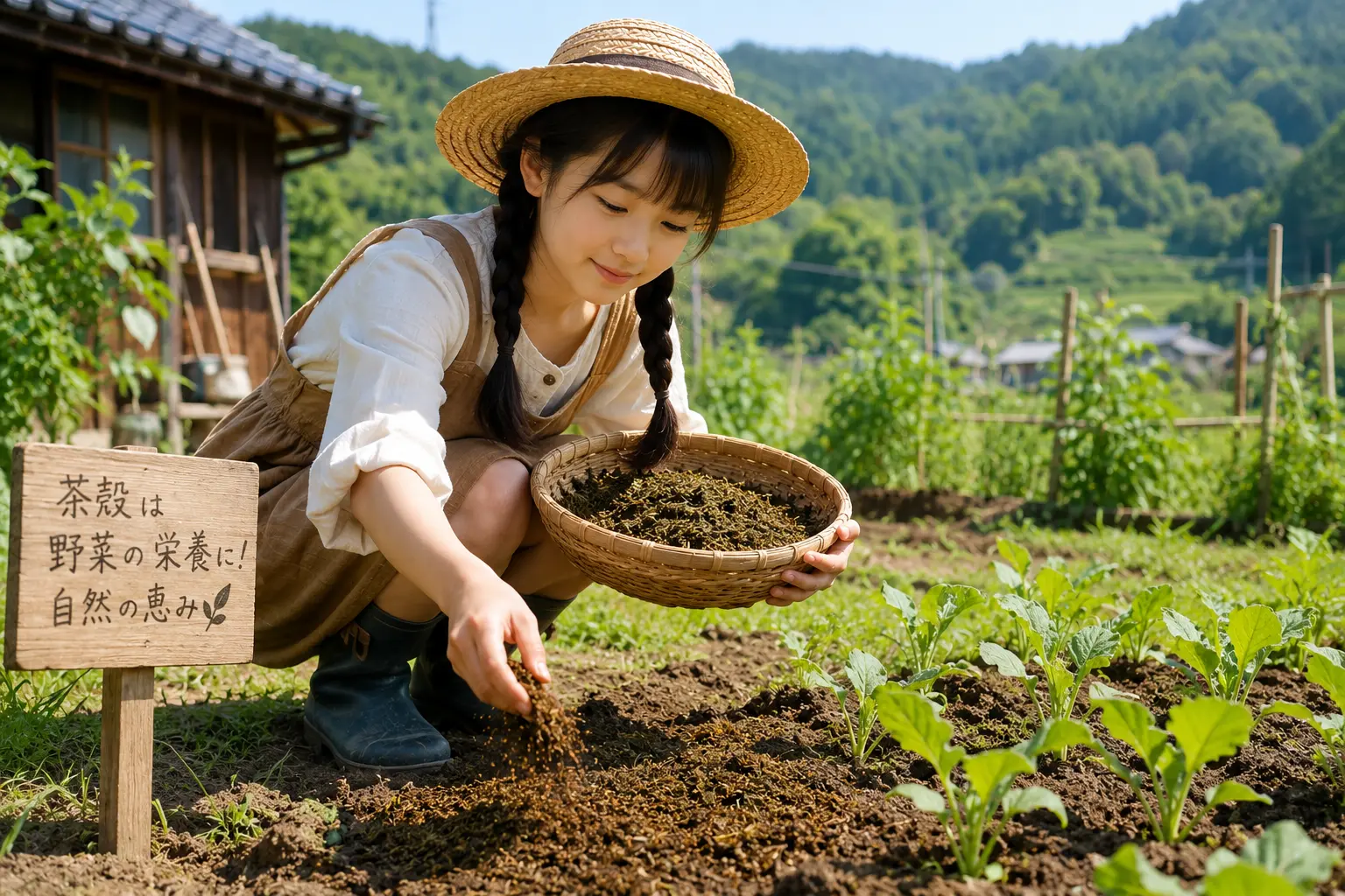 茶殻を畑にまく少女