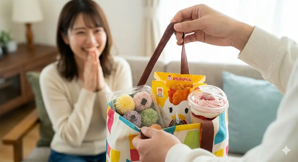 スイーツなどの手土産を持って笑顔の友人を訪ねる様子
