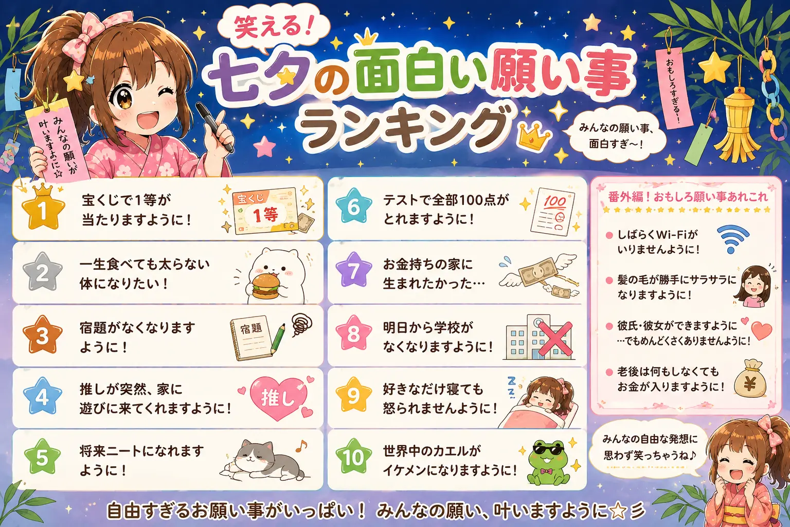 はるが七夕の短冊に笑えるお願い事を書きながら楽しんでいるかわいいイラスト