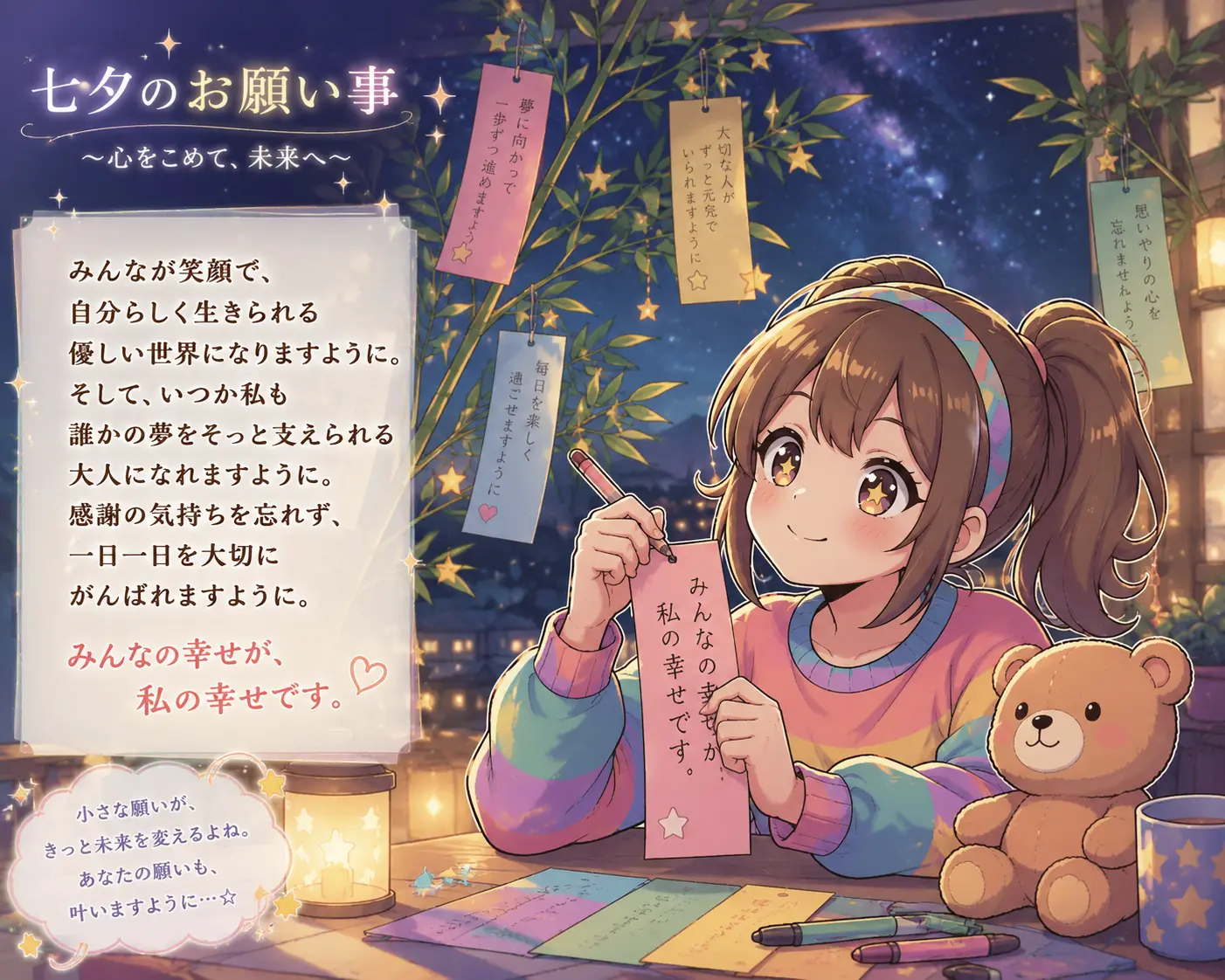 七夕の短冊に感動的な願い事を書く少女のイラスト。星空と笹飾りに囲まれながら、優しさや未来への想いを込めて願いを書く幻想的な七夕イメージ画像。