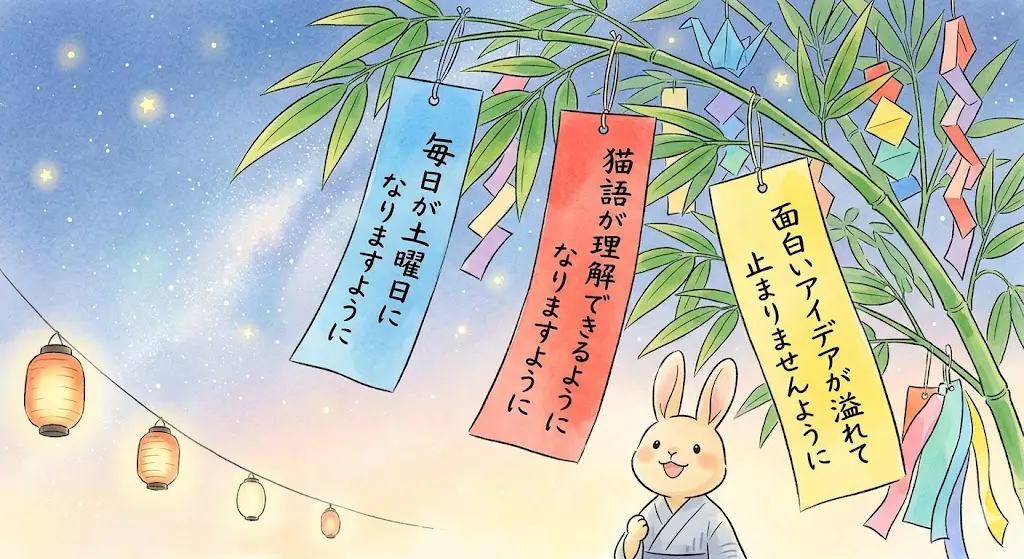 夜空と天の川を背景に、笹の葉に吊るされた色とりどりの短冊と、可愛いウサギのイラスト