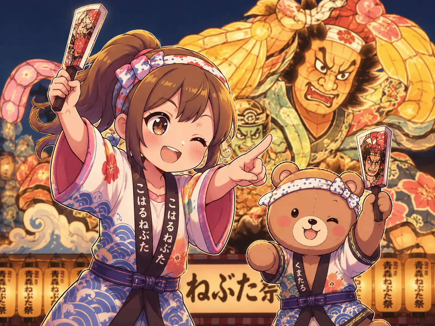 こはるとくまたろが、ねぶた祭り風の衣装でポーズを決めるかわいいイラスト。大きな灯りの山車を背景に、笑顔で祭りを楽しむ夏祭りイメージ画像。