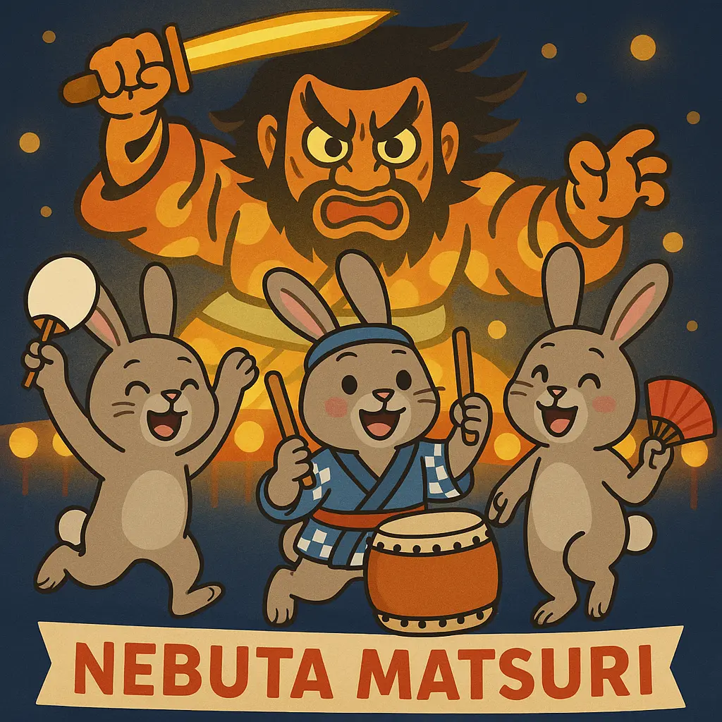 ねぶた祭でうちわや太鼓を持ちながら楽しむウサギたち