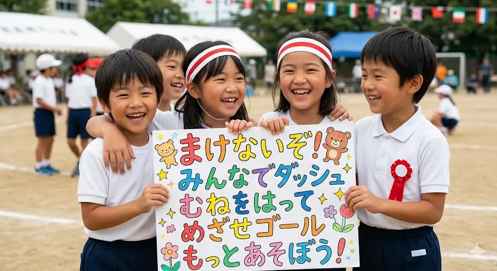 運動会で笑顔の子供たちが「ま行」のあいうえお作文（まけないぞ！みんなでダッシュ、むねをはって、めざせゴール、もっとあそぼう！）が書かれたボードを掲げている様子
