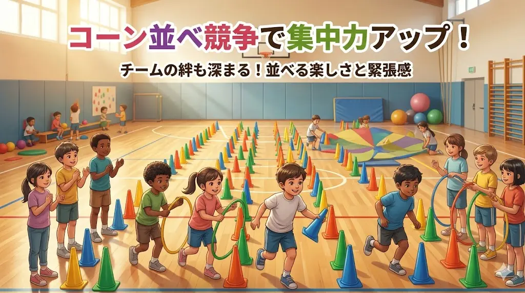 体育館で子供たちがカラフルなコーンを並べる競争に集中している