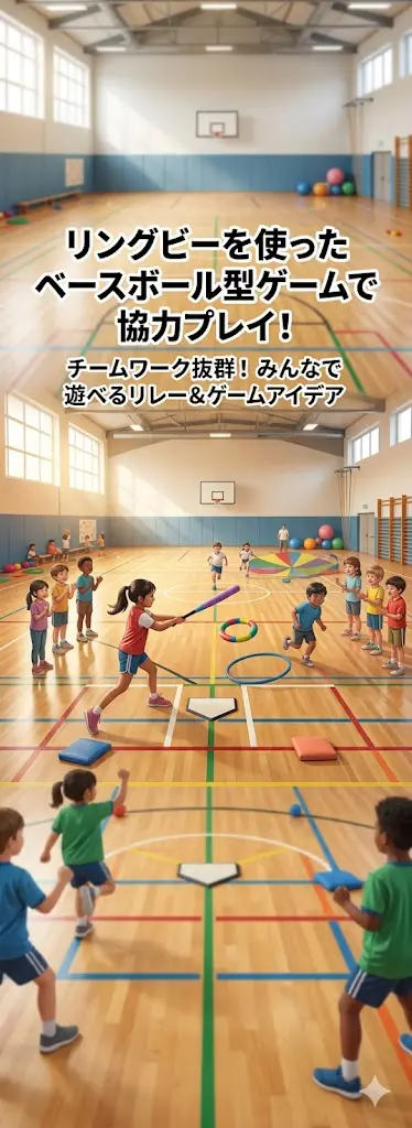 体育館で子供たちがカラフルなリングビーを使ったベースボール型ゲーム