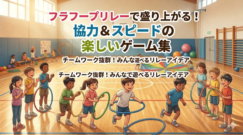 体育館で笑顔でフラフープリレーをするたくさんの子供たち