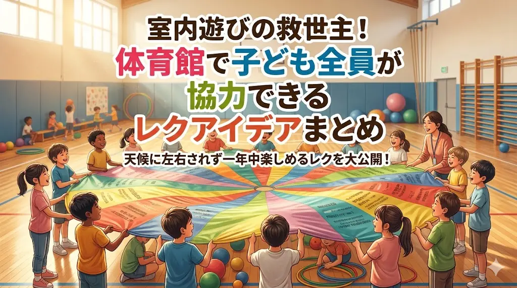 体育館で笑顔で協力して大きなカラフルな布を運ぶたくさんの子供たち