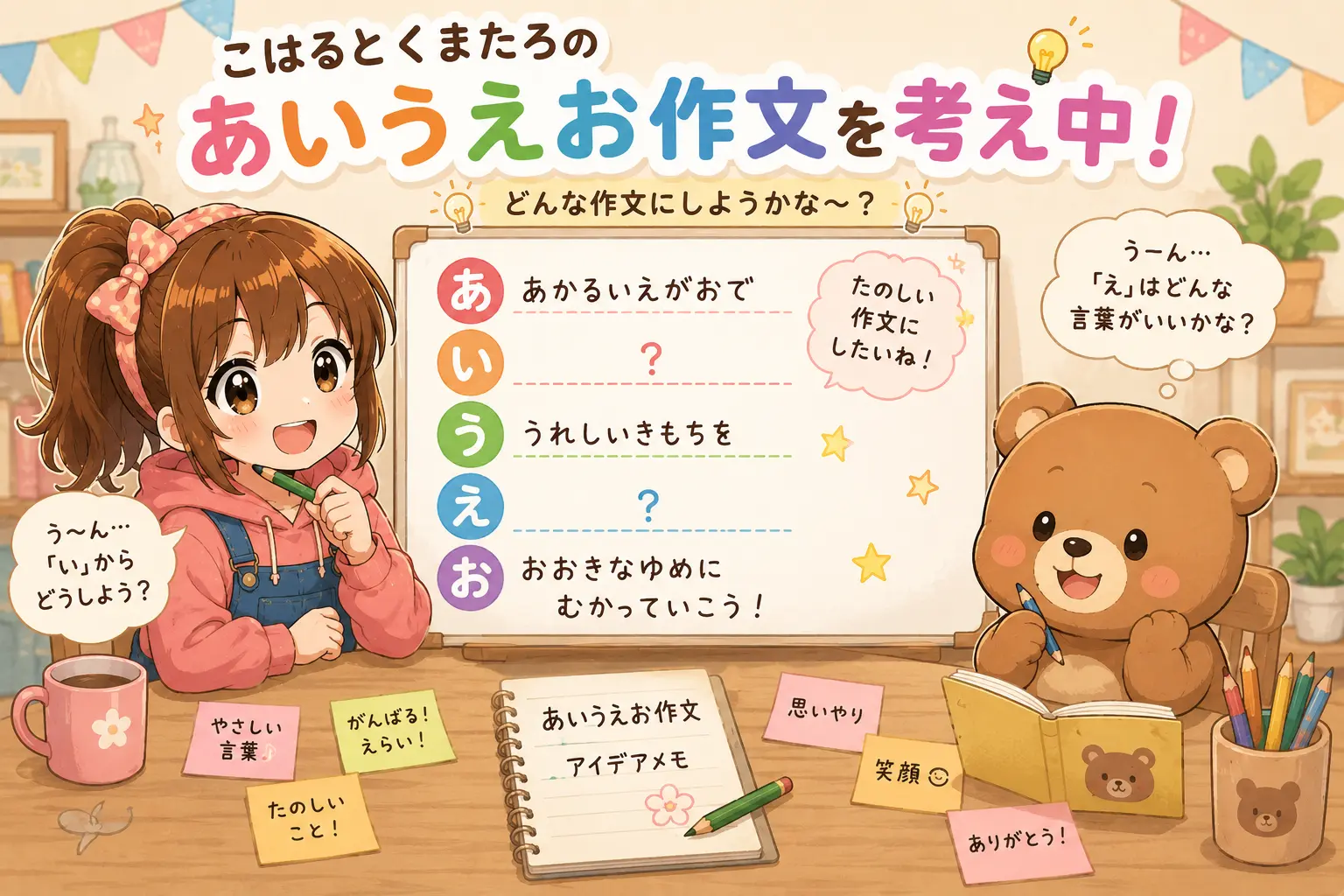 こはるとくまたろが、あいうえお作文を一緒に考えているかわいいイラスト