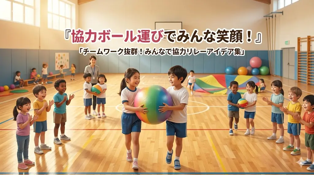 体育館で子供たちがカラフルな大玉を協力して運んでいる