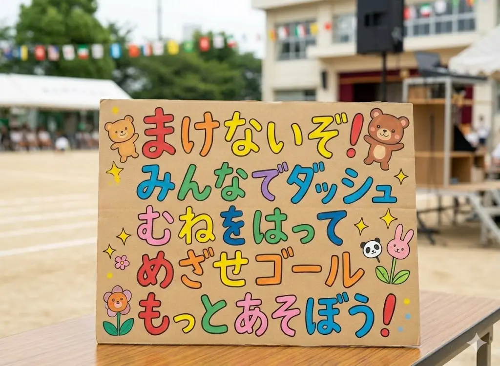 運動会のトラックを背景に、机の上に置かれた「ま行」のあいうえお作文の応援ボード