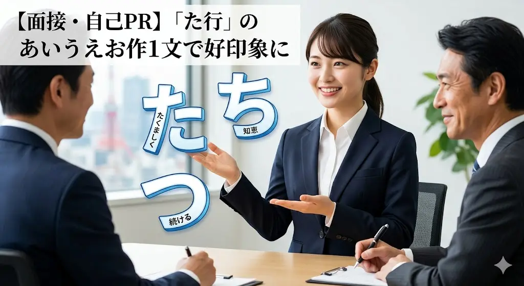 面接で「た行」のあいうえお作文を使って自己PRをする女性と、笑顔で話を聞く面接官のイラスト。力強さと好印象をイメージ