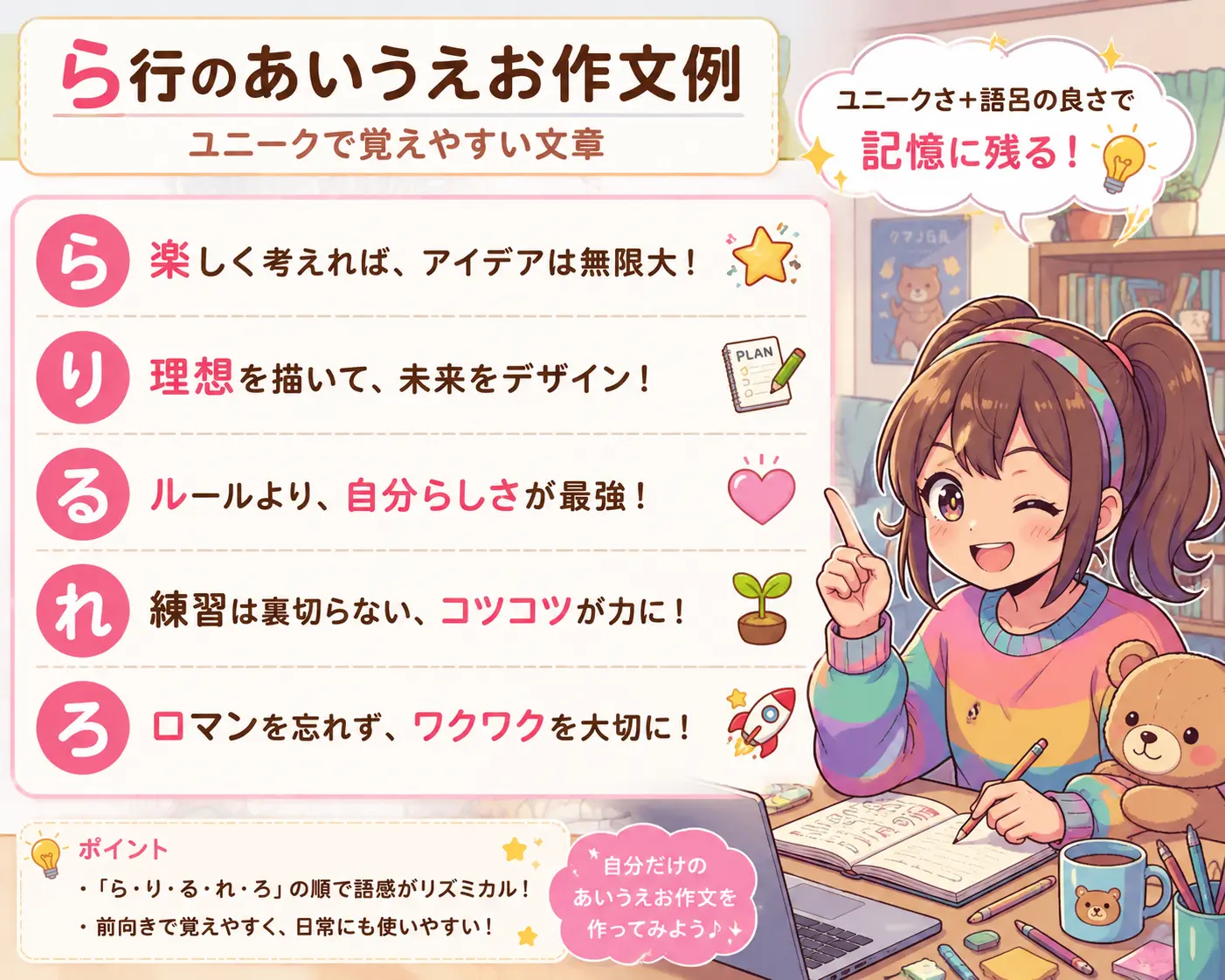 ら行のあいうえお作文例を紹介する、パソコン前で笑顔を見せる少女のイラスト。ユニークで覚えやすい文章をかわいく解説している学習イメージ画像