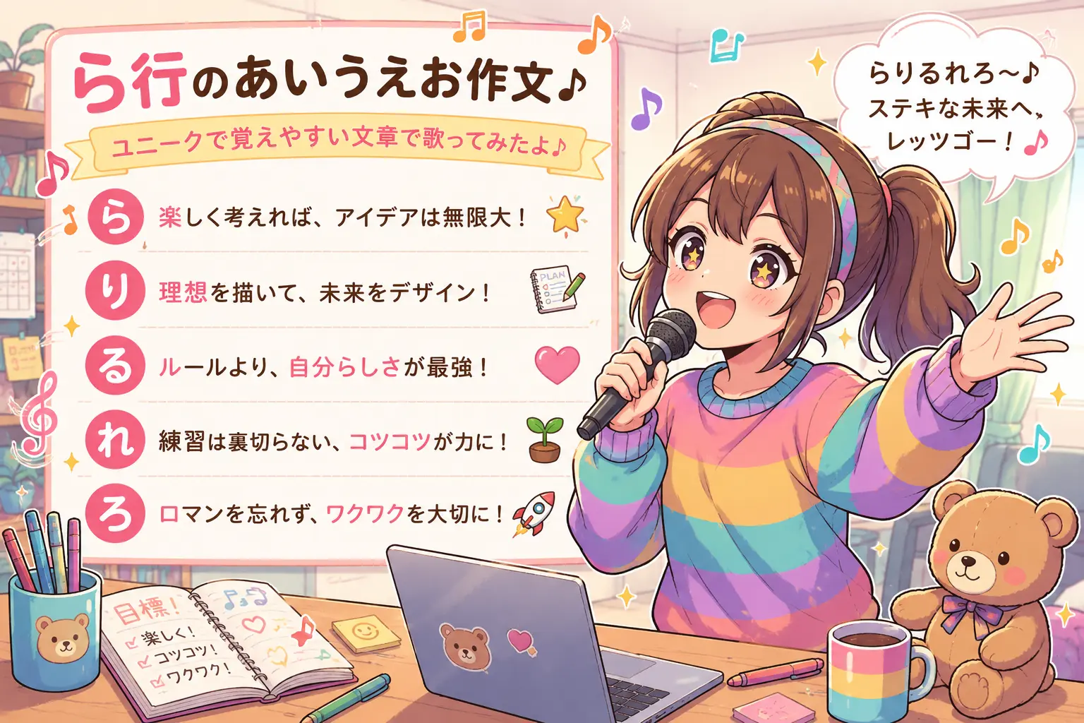 ら行のあいうえお作文を楽しそうに歌う少女のイラスト。マイクを持ちながら笑顔でリズムに乗り、かわいい部屋で明るく学んでいるイメージ画像。