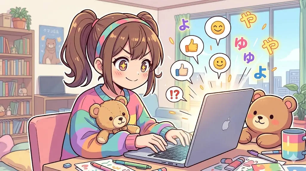 かわいいSNS女子が、お気に入りのぬいぐるみと一緒にパソコンで「や行のあいうえお作文」をブログ投稿しているアニメ調のイラスト