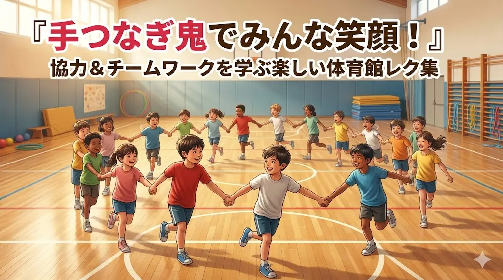 体育館で笑顔で手をつないで走るたくさんの子供たち