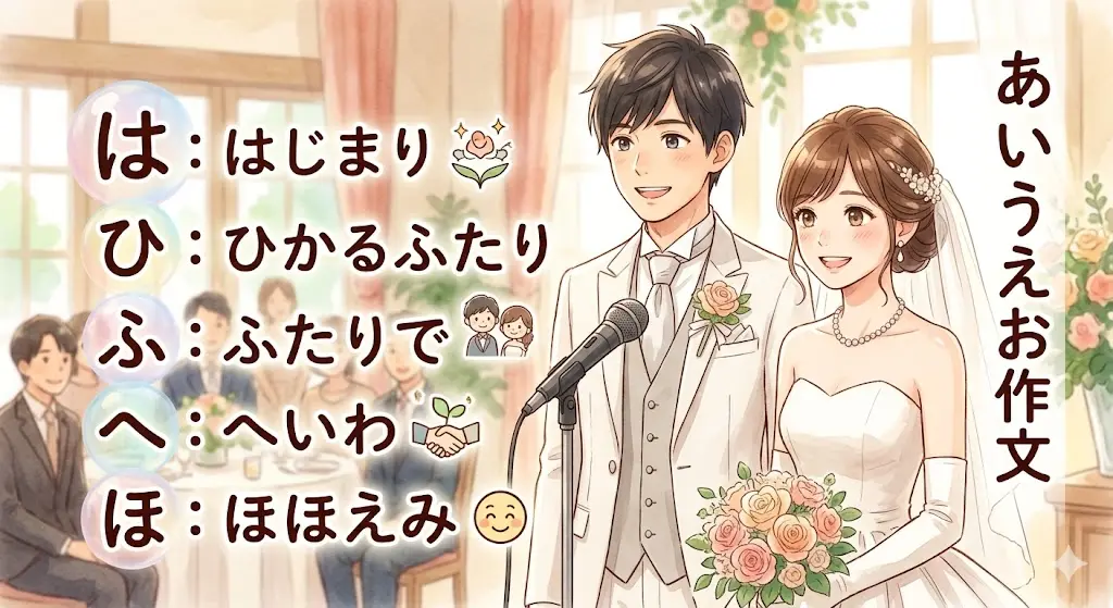 結婚披露宴で「は行」のあいうえお作文を使ってスピーチをする新郎新婦のイラスト