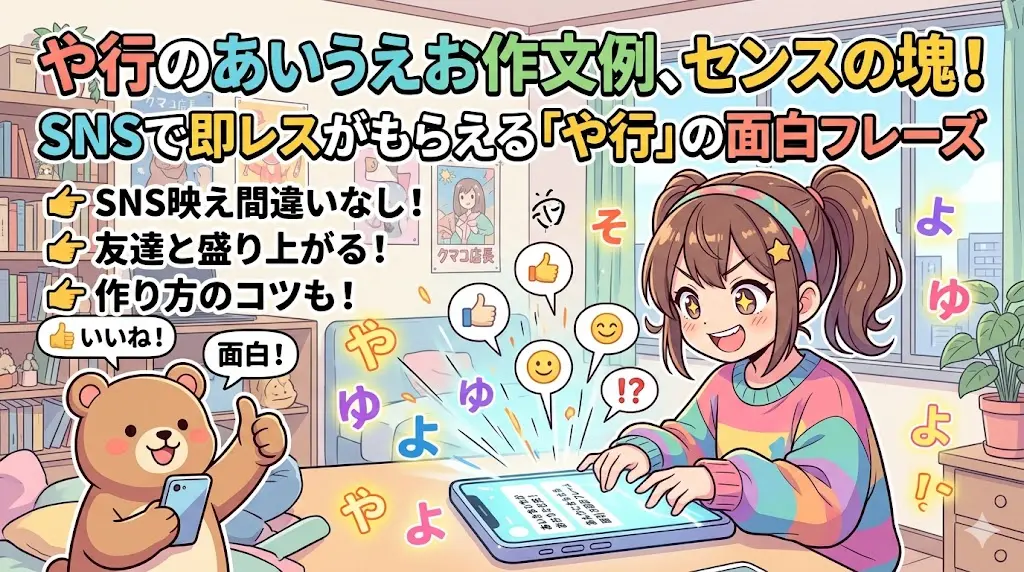 スマホで「や行」のあいうえお作文を投稿して、SNSでたくさんの「いいね」やリアクションをもらっている女の子とクマのキャラクターのアニメ調イラスト