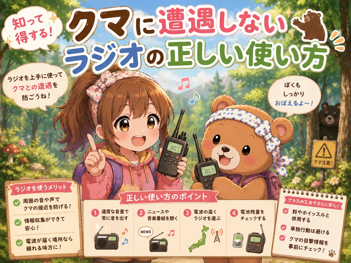 こはるとくまたろが山道でラジオを使いながら歩いているかわいいイラスト