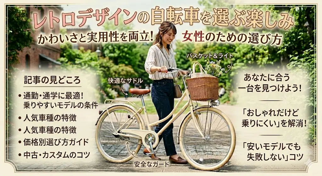 新緑の公園でアイボリー色のレトロな自転車を押して歩く笑顔の女性。画像には「レトロデザインの自転車を選ぶ楽しみ」「かわいさと実用性を両立！」というタイトルと、通勤・通学への適性や価格別ガイドなどの記事の見どころがシンプルな文字装飾で添えられている。