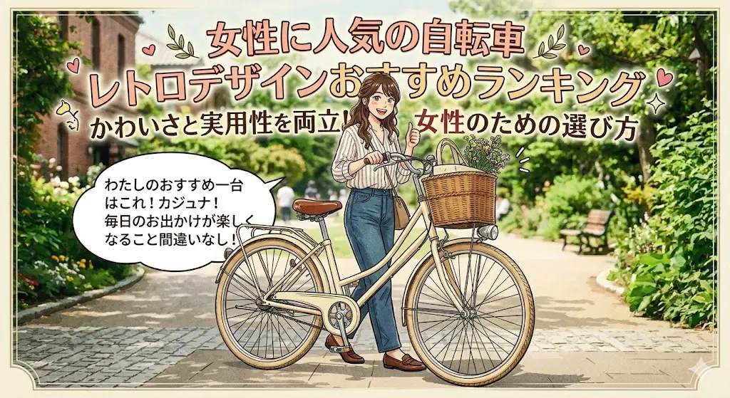 笑顔の女性がレトロなシティサイクル（カジュナ）に寄り添い