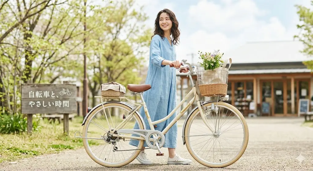 新緑の公園を背に、パステルクリーム色のオリジナルレトロ自転車と笑顔で歩く女性。自転車には籐風カゴと革風サドル、砲弾型ライトが付いている。