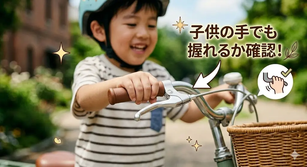 子供用自転車のブレーキレバーを、子供の小さな手がしっかりと握っているクローズアップ写真