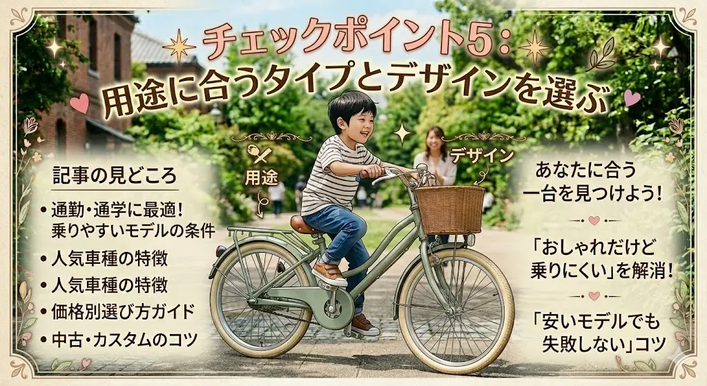 レンガ造りの建物を背景にした公園で、男の子が笑顔で自転車を漕いでいるイラスト