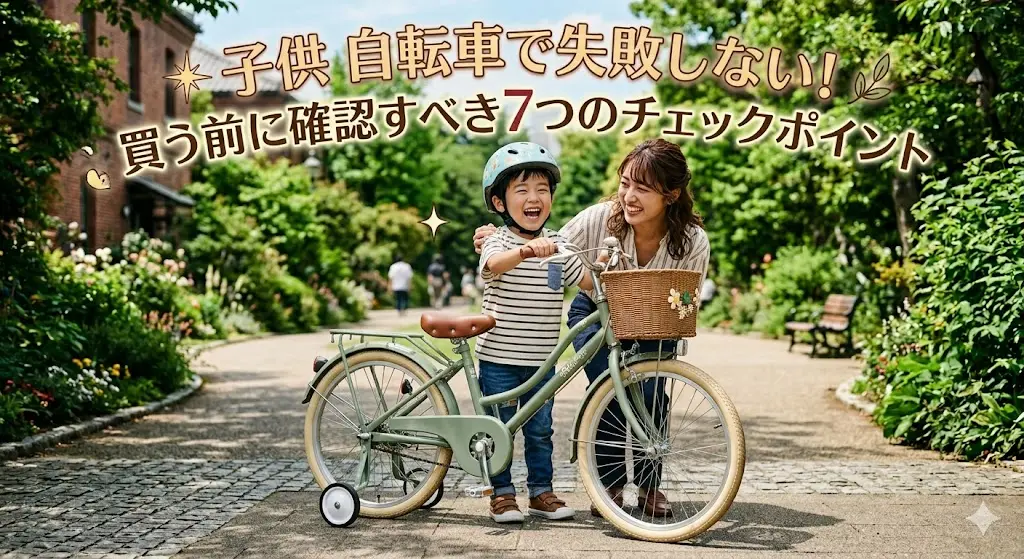 青空の下、新しい子供用自転車の横で笑顔で並ぶ親子