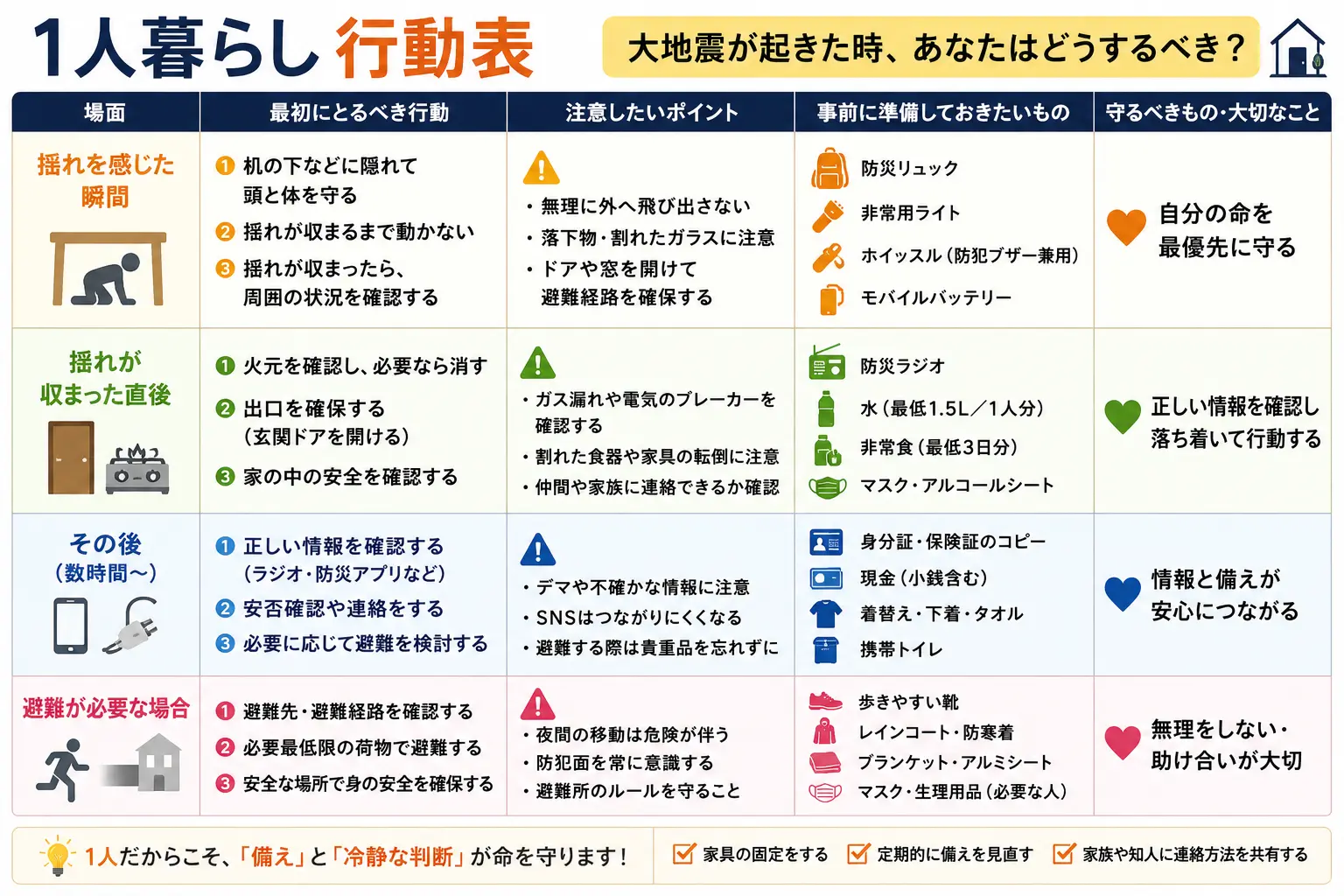 一人暮らし向けの大地震行動表をまとめた防災インフォグラフィック