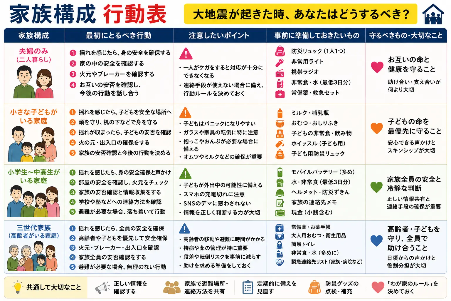 家族構成別の大地震行動表をまとめた防災インフォグラフィック
