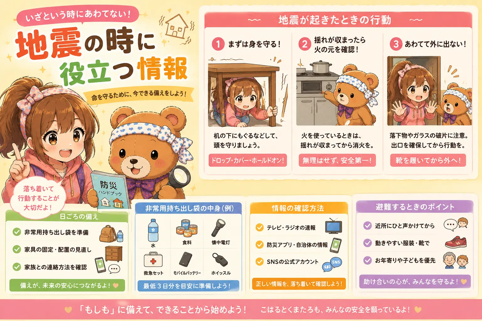 こはるとくまたろが地震の時に役立つ行動や防災グッズを紹介しているかわいいイラスト。