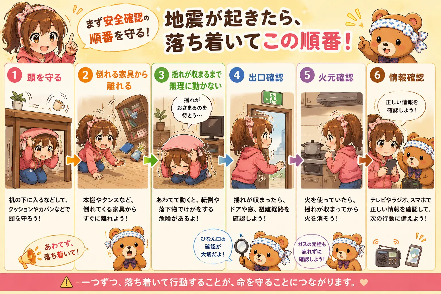 小春とくまたろが、地震発生時の安全確認の順番をわかりやすく紹介している防災イラスト