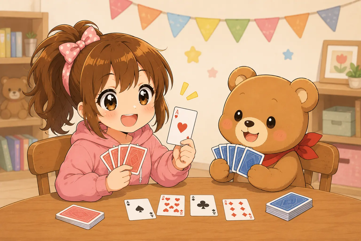 こはるとくまたろがテーブルを囲んでトランプゲームを楽しんでいるかわいいイラスト