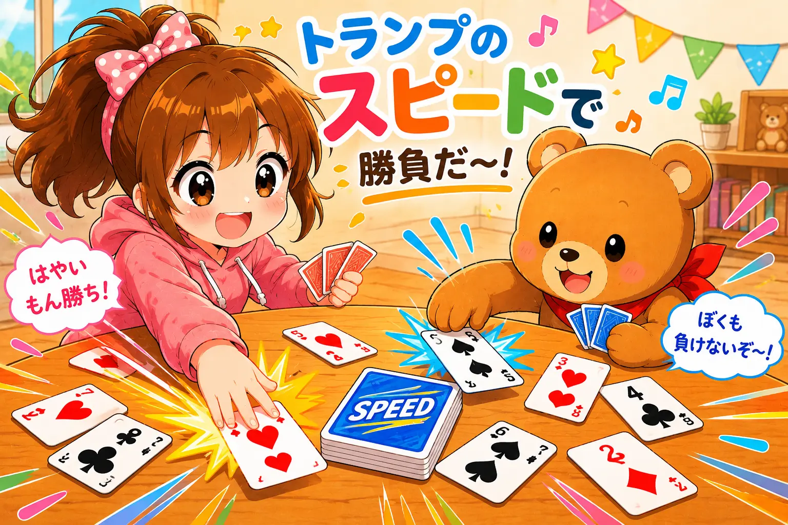 こはるとくまたろがトランプゲーム「スピード」で真剣勝負をしているかわいいイラスト