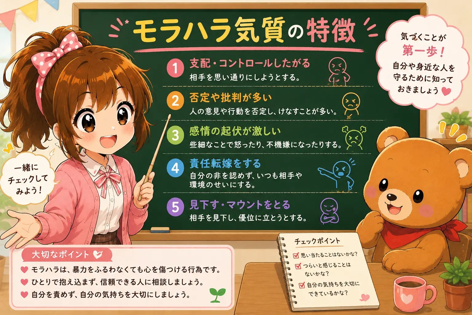 先生役のこはるが黒板を使いながらモラハラ気質の特徴を分かりやすく説明しているイラスト
