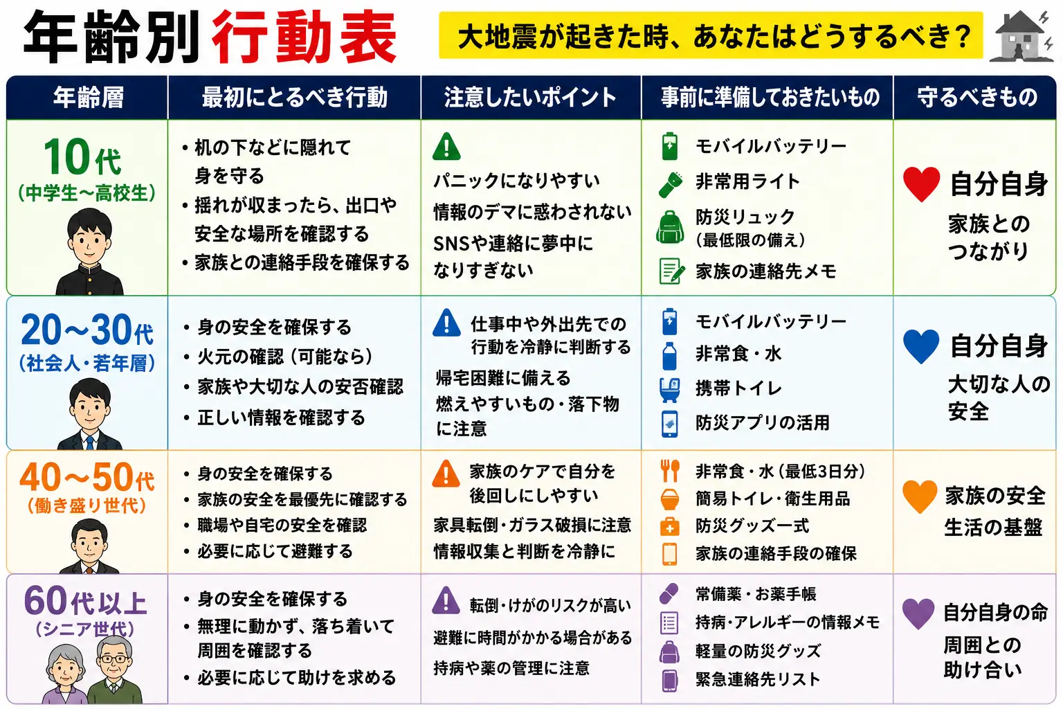 年代別に見る大地震時の行動表をまとめた防災インフォグラフィック