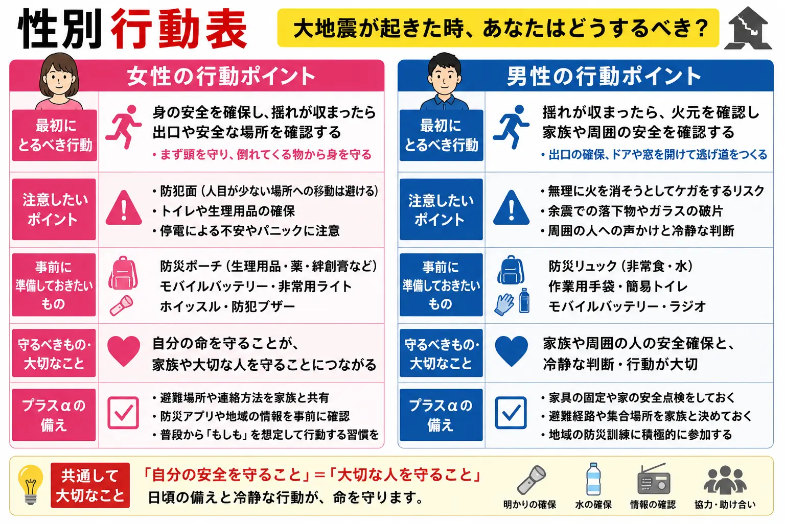 男性と女性それぞれの大地震時の行動ポイントを比較した防災インフォグラフィック